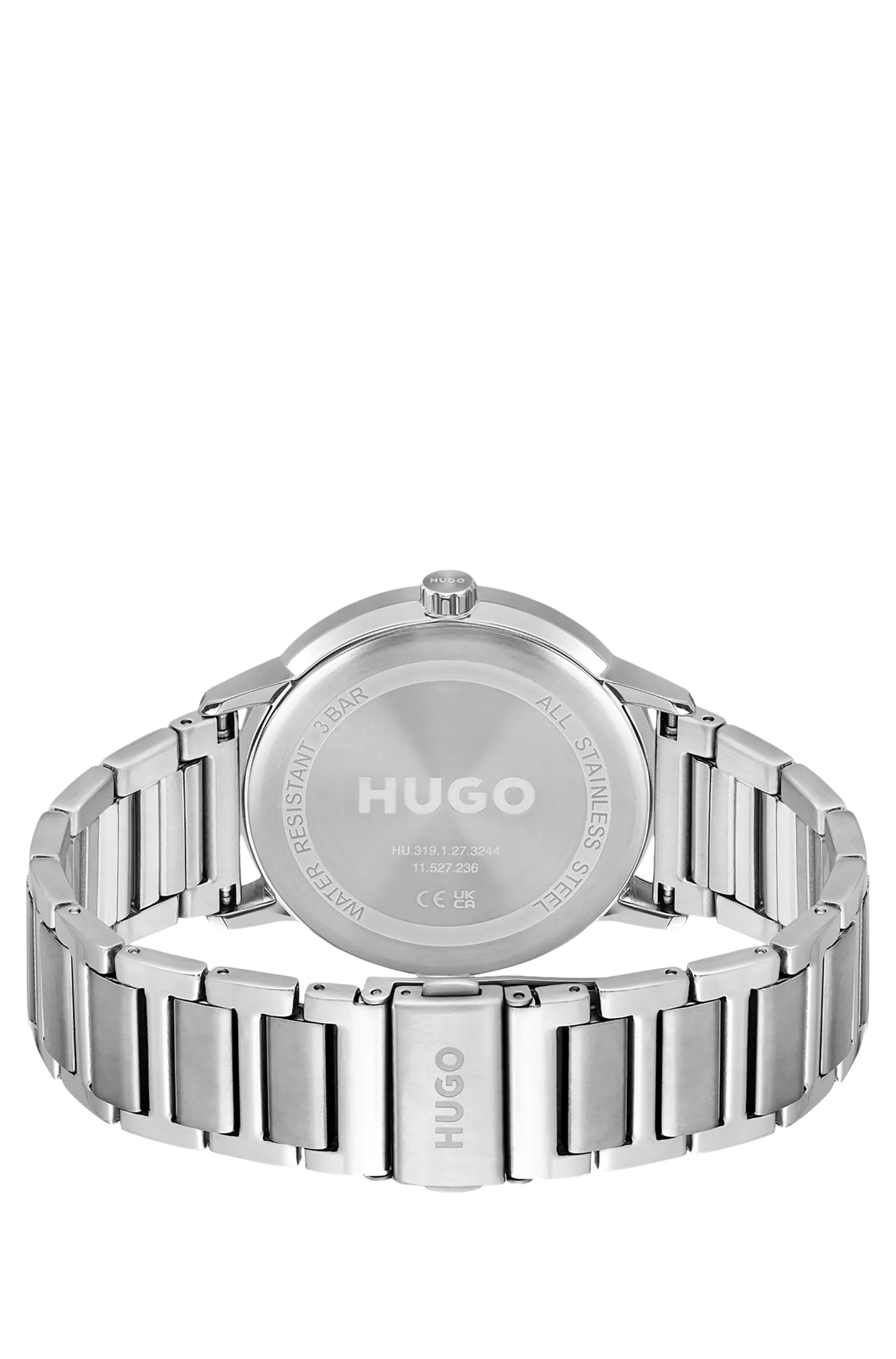Relógio HUGO com pulseira de elos vermelhos e mostrador verde-oliva.