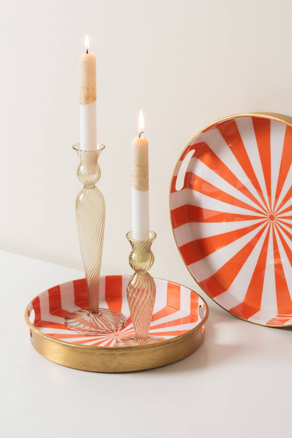 Tray set Candy Swirl enamel bright orange & white, Set of 2pcs