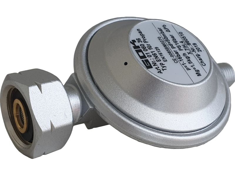 Outwell Gasregler Typ EN61, Abgang gerade, 1.5 kg/h, 50 mba Niederdruckregler zum Anschluss an Gasflaschen, zur Druckregelung auf den Nenndruck des Gasgerätes