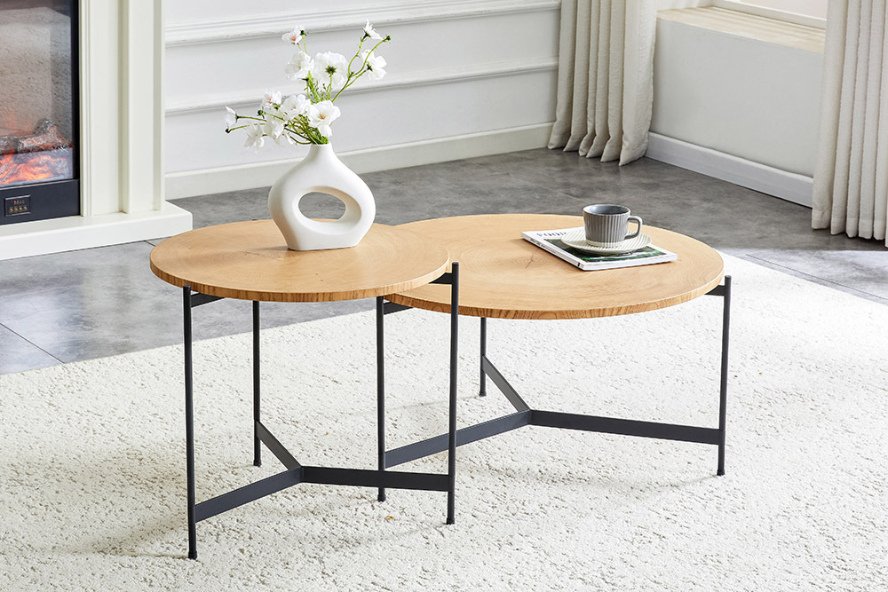 Runder Couchtisch FUSION 70cm natur Eichenholz schwarzes Metallgestell Beistelltisch