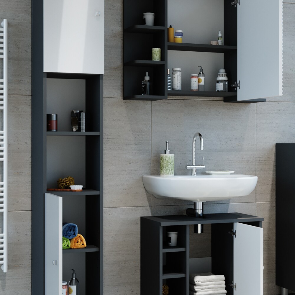 VICCO Badmöbel Set FYNN 3 Teile Anthrazit Weiß - Badezimmer Spiegel Badunterschrank Hochschrank