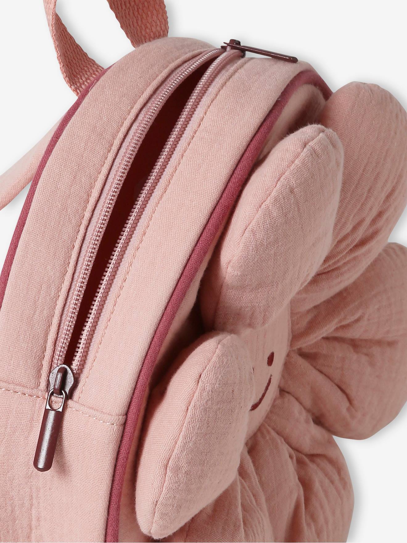 Mochila de gaze de algodão com estampa de flores para menina, ideal para pré-escola, cor rosa antigo.