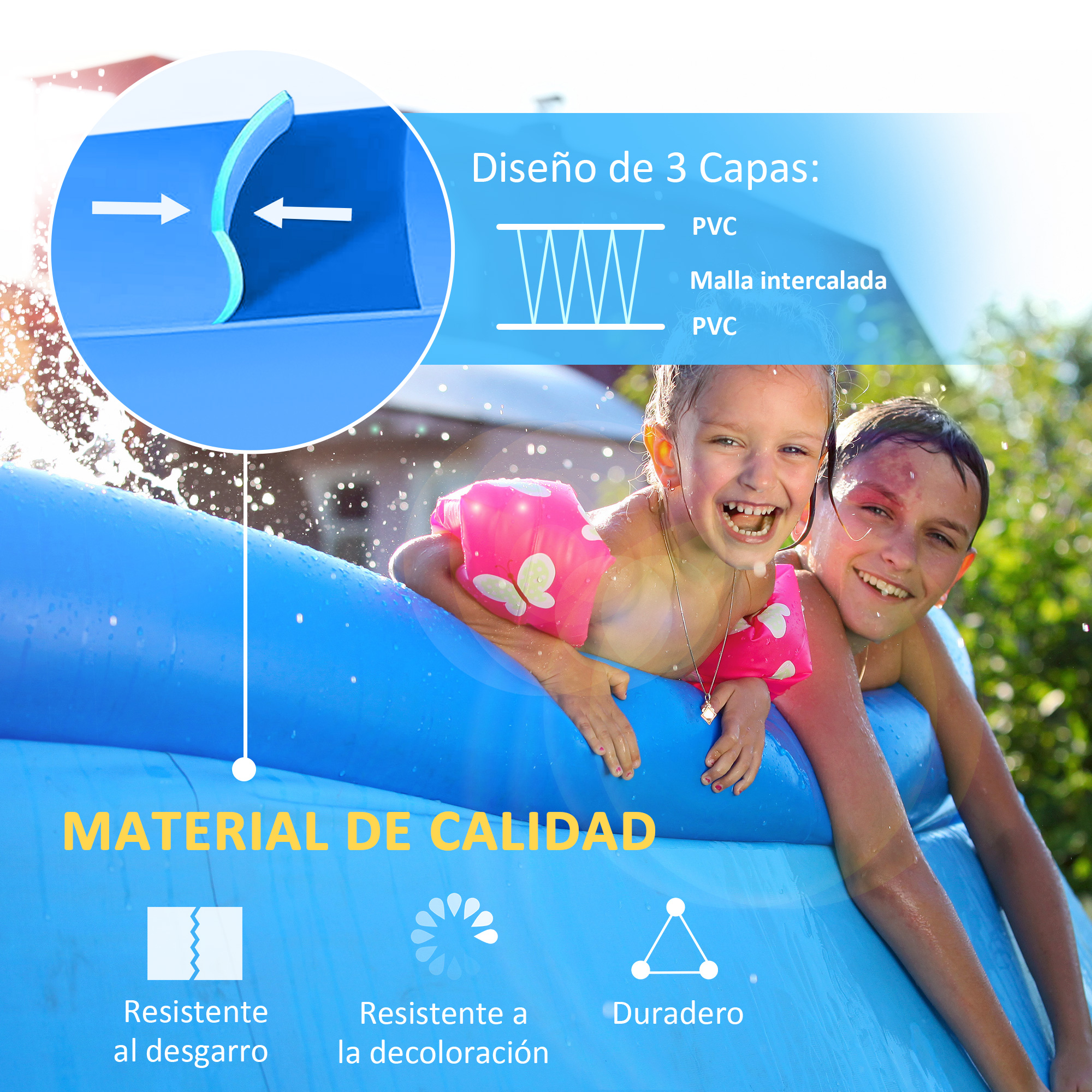 Piscina inflável redonda Outsunny de 4.000 litros, Ø274x76 cm, para 3 a 4 pessoas, piscina inflável familiar para adultos e crianças com bomba manual para jardim, pátio e área externa, azul.