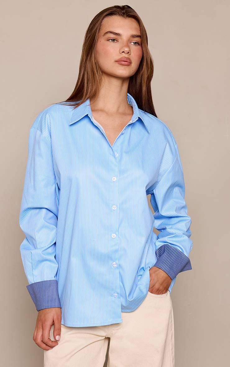 Bleu Chemise Oversize Rayée À Poignets Contrastants