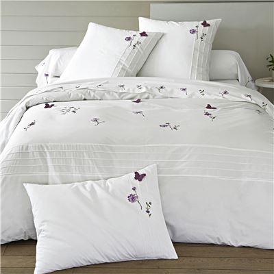 Linge de lit percale brodée fleurs et papillons - BECQUET CRÉATION