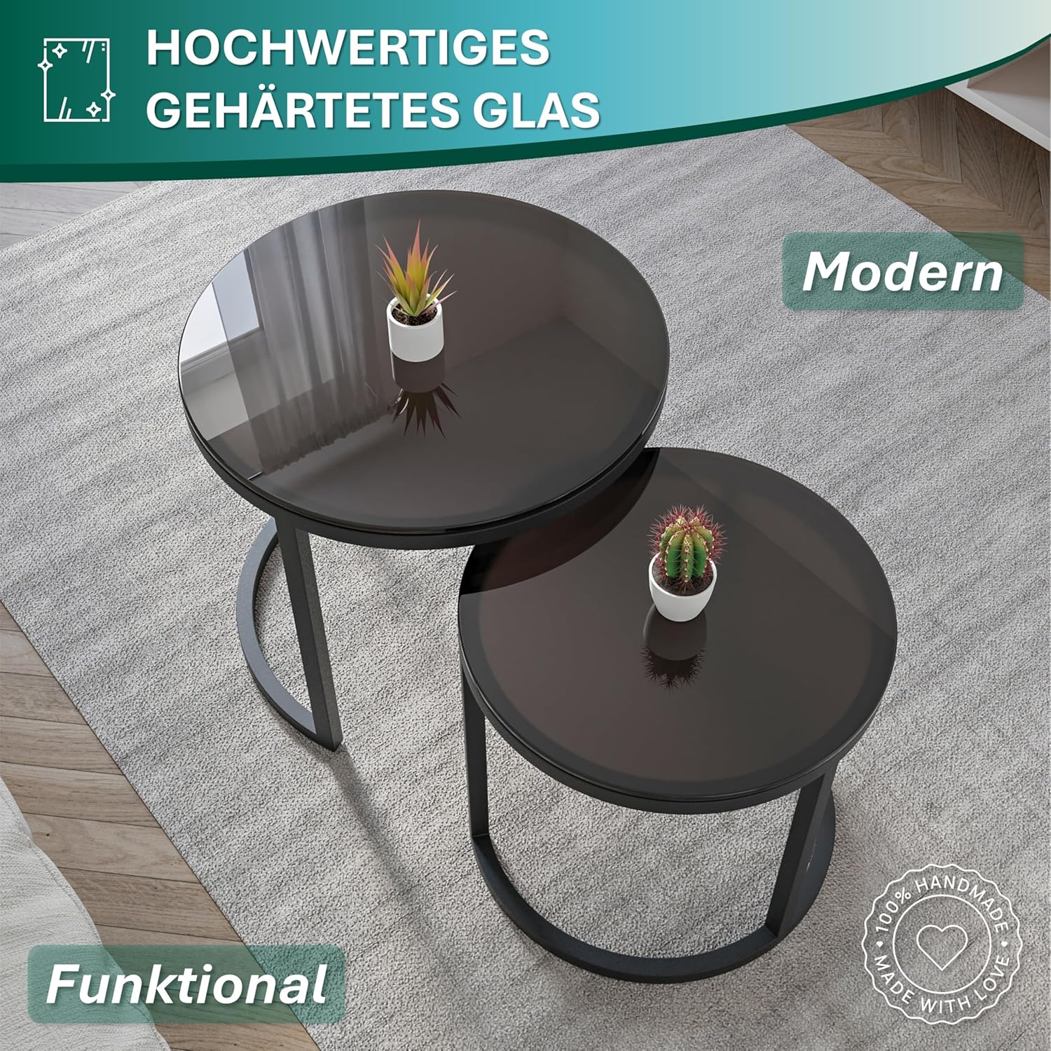 Modena, Couchtisch 2er Set aus Gehärtetem Glas und Stahl, Handgefertigt in Europa, Beistelltisch, Wohnzimmertisch, Coffee Table, Schwarz, Rund, Ø50x43 cm / Ø40x38 cm
