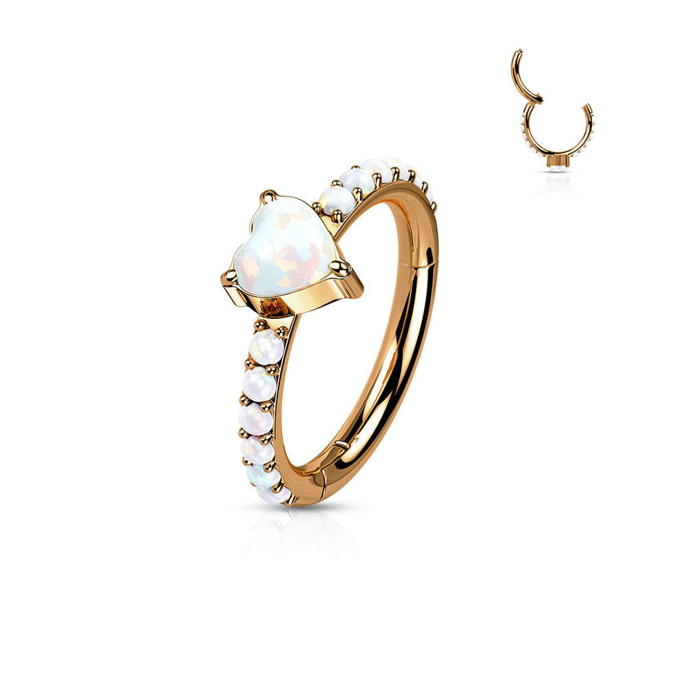 (8mm / 1.2mm) Tragus / Helix G23 Titan Ohr Piercing Klickverschluss Opal Ring mit Herz - Roségold / Weiss