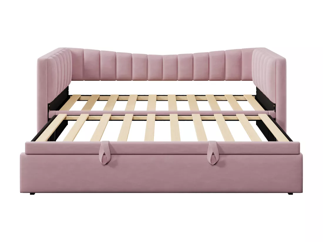 Canapé-lit capitonné 90 x 200 cm / 180 x 200 cm - avec lit gigogne - velours - rose (matelas non inclus)