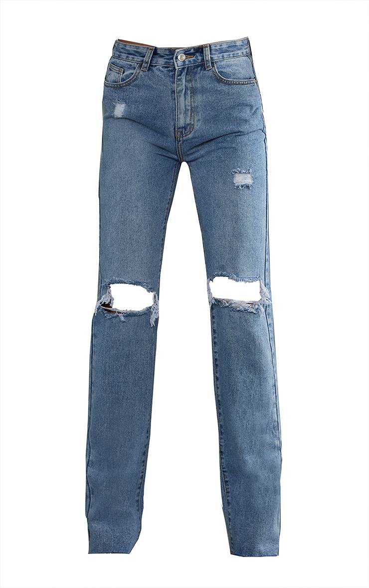 Mid Blue Wash Prettylittlething Tall Jean Droit Taille Mi-haute Jambe Longue Déchiré