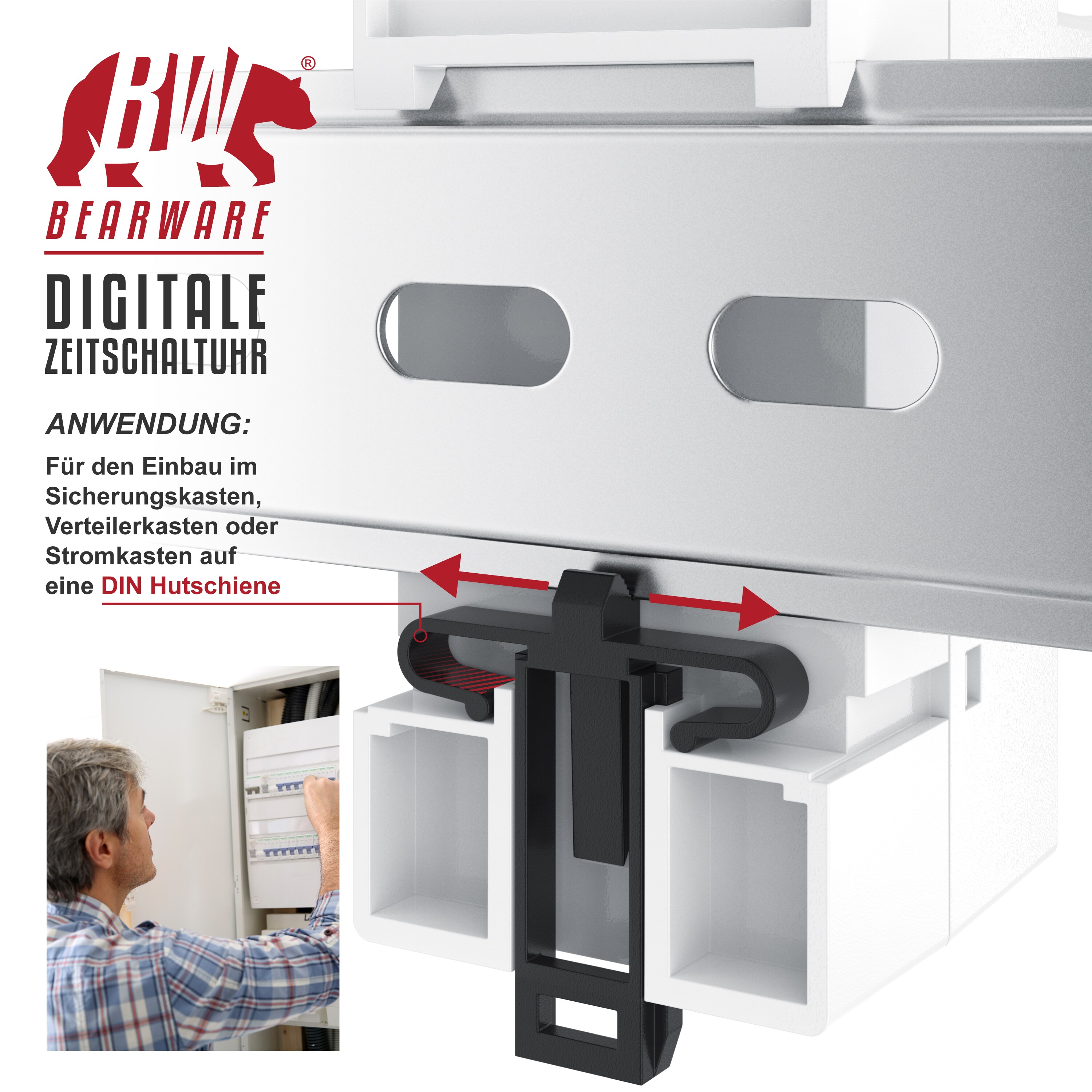 BEARWARE Zeitschaltuhr digital - für DIN Hutschienen im Verteilerschrank Schalttafeln - 2 Klemmen Input, 3 Klemmen Output - 16A/3680W