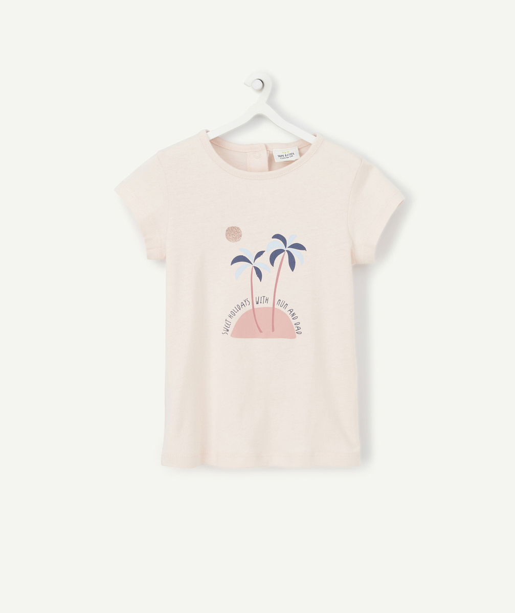 T-SHIRT BÉBÉ FILLE EN COTON BIO ROSE PÂLE AVEC PALMIERS