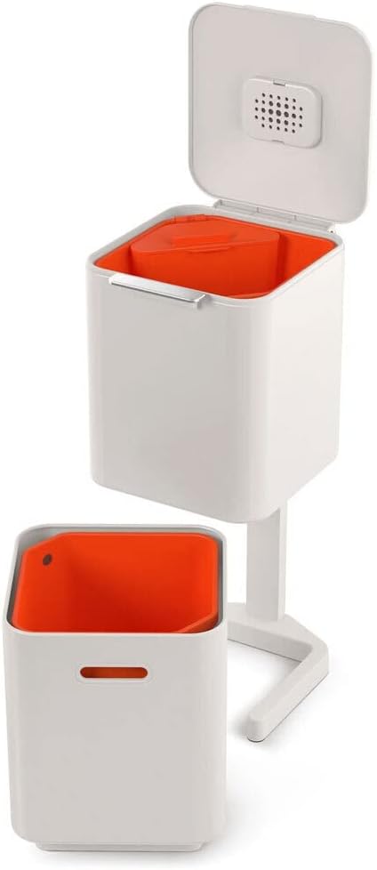 Joseph Joseph IntelligentWaste Totem Compact 40 L – Abfalltrennsystem – Küchenabfalleimer mit getrennten Wertstoff- und Speiseabfallfächern, Deckel mit integriertem Geruchsfilter, 40 Liter – Stein