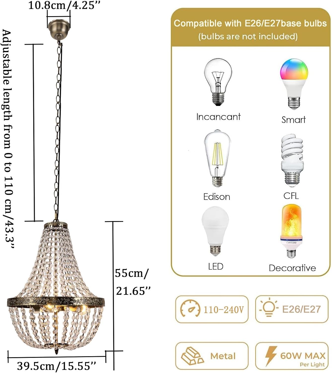 FIRVRE Kristall Kronleuchter 3-Light, Vintage Pendelleuchte Höhenverstellbar, 3 Flammige E27 mit Verstellbarer Kette für Esszimmer, Wohnzimmer, Schlafzimmer