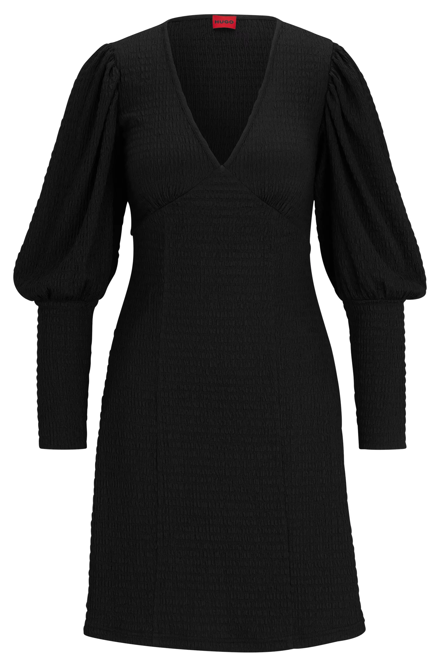 Vestido HUGO vermelho com mangas bufantes e saia evasê.
