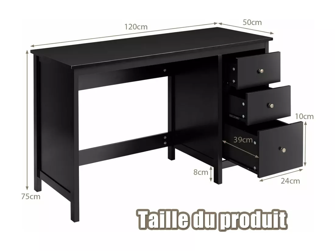 Bureau d'Ordinateur, Table de Bureau avec 3 Tiroirs de Rangement, Bureau d'Écriture, Table d'Étude, Postes de Travail pour Chambre, Bureau, 50 x 120 x 75 cm (Noir)