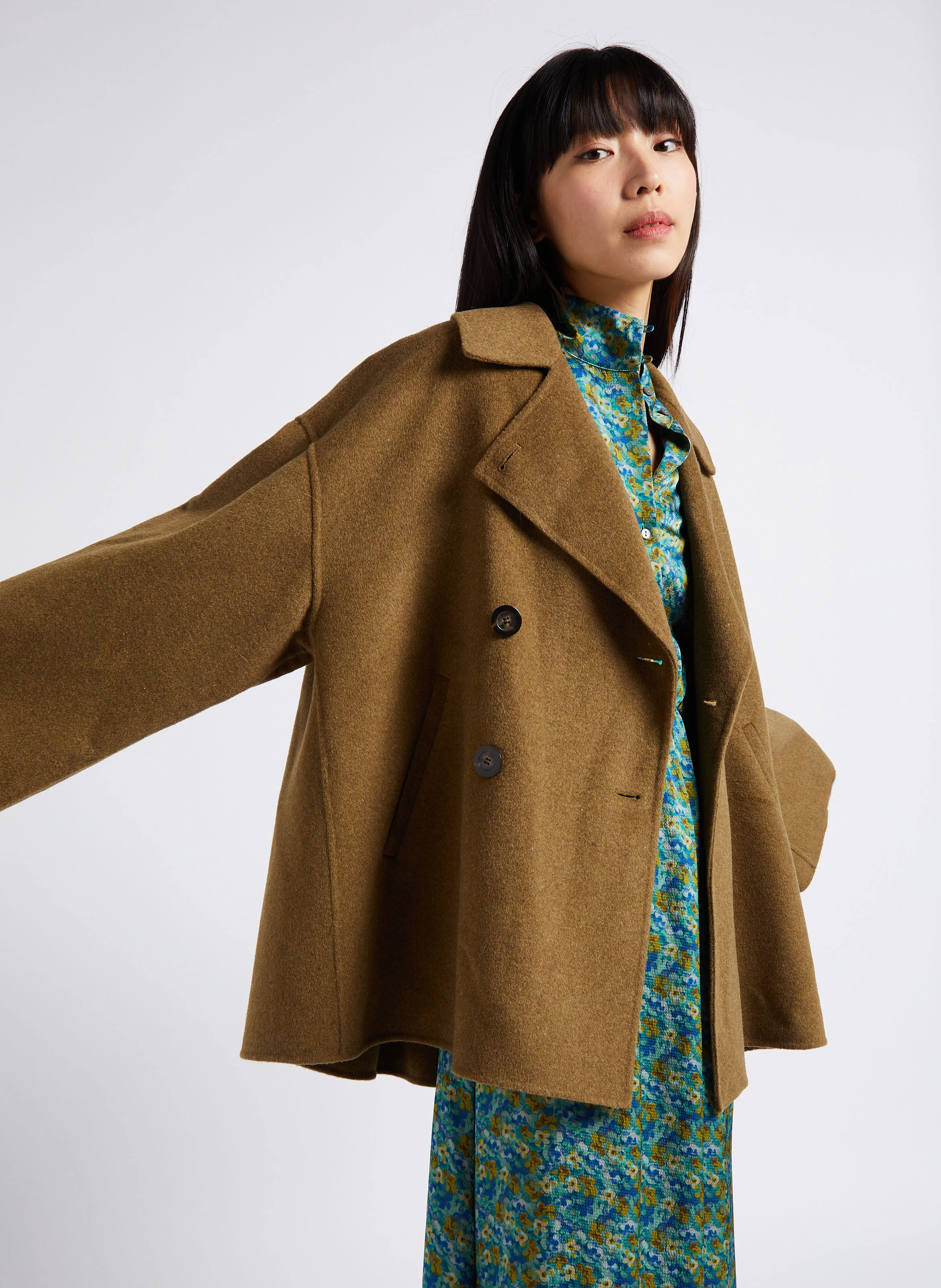 PINO - Manteau ample col tailleur en laine mélangée | Vert