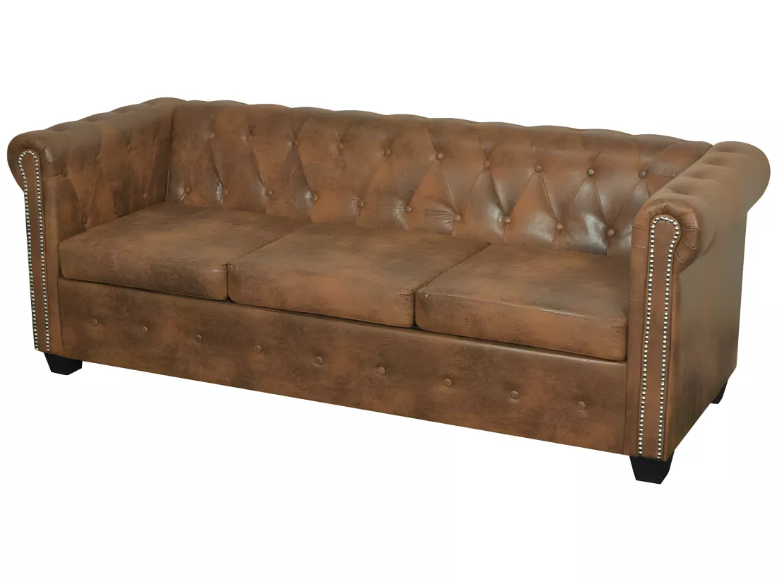 Canapé Chesterfield 3 places cuir artificiel marron