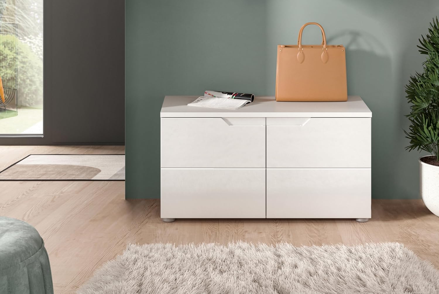 xonox.home - Sitzbank Solero 80x43x37 cm in Front weiß Hochglanz Tiefzieh Korpus weiß - Garderobenbank Flurbank Truhe - modern, praktisch und funktional