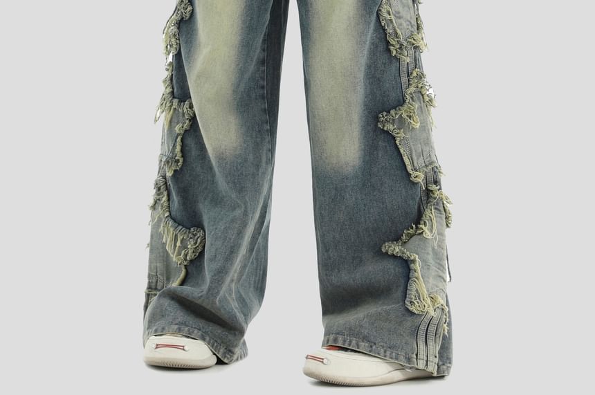 INStudio - High Waist Star Distressed Wide Leg Cargo Jeans