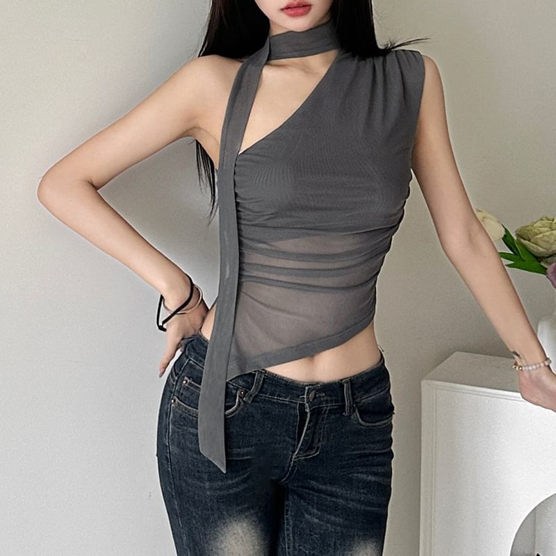 Bulgaris - Tanktop met één schouder, sjaalkraag, effen, doorschijnend, asymmetrische zoom en slim-fit pasvorm
