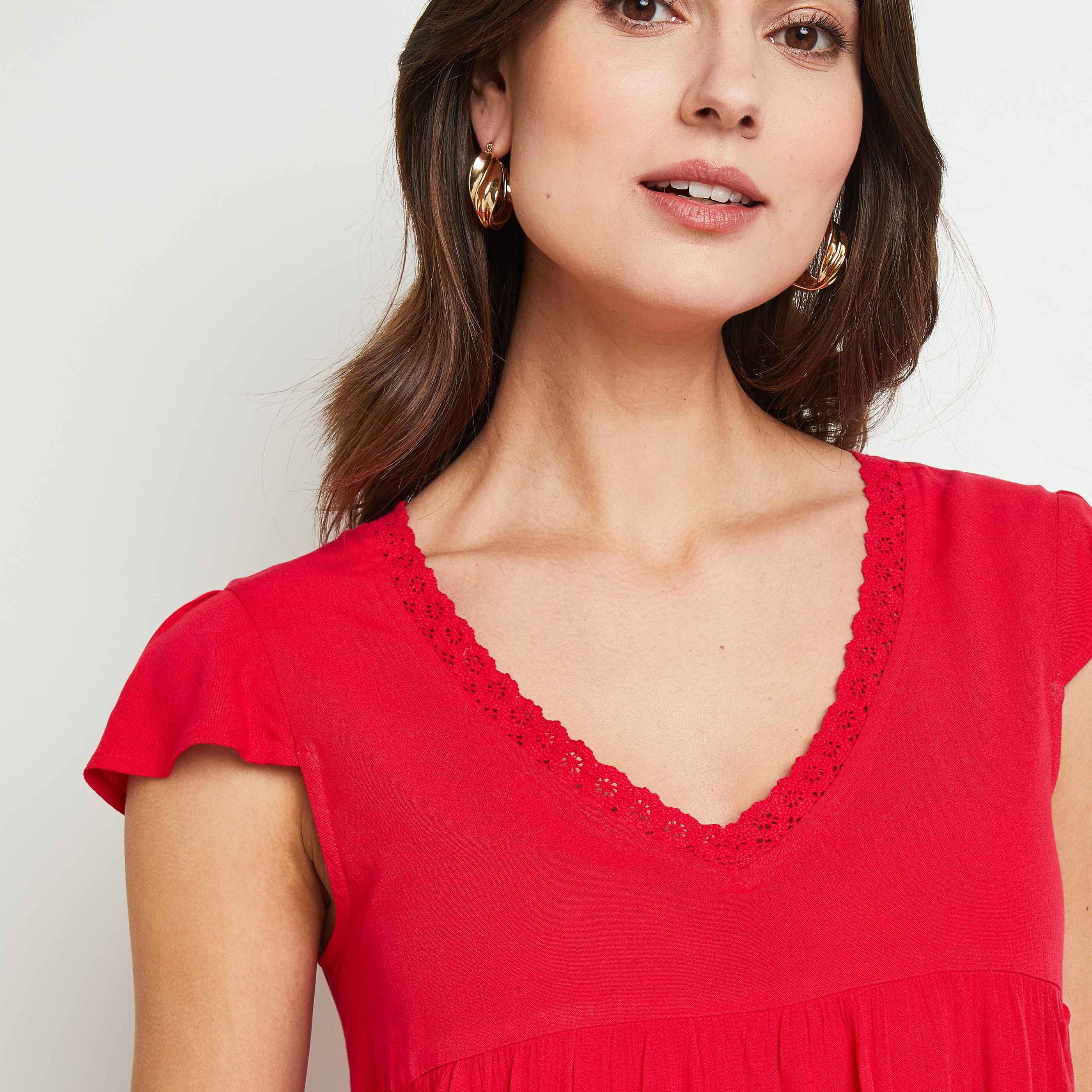 Blouse manches courtes col V - FUSHIA