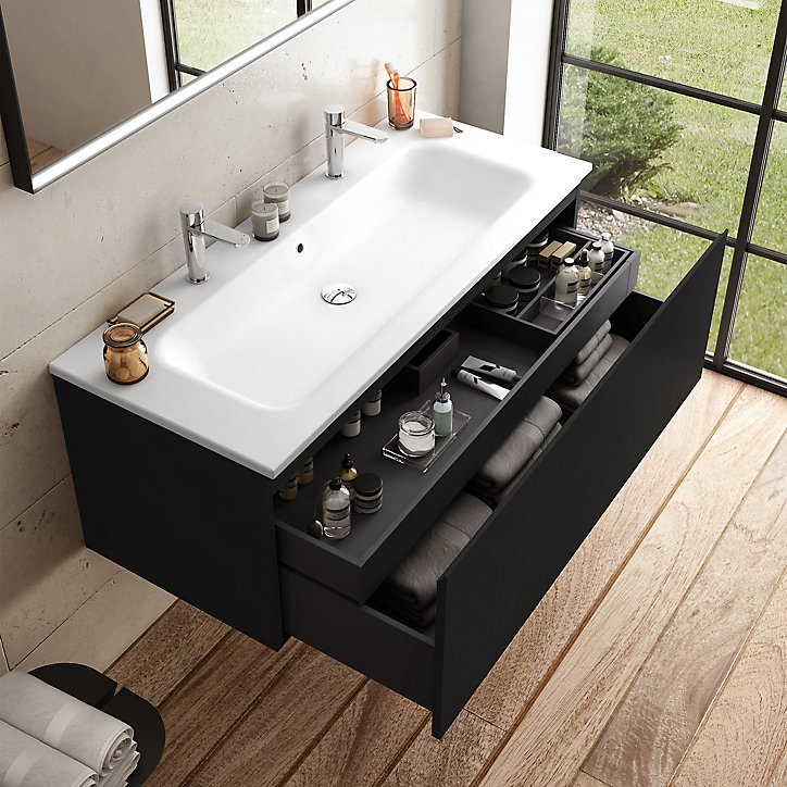 Meuble sous vasque à suspendre Pura noir 120 cm + plan vasque en résine blanc mat