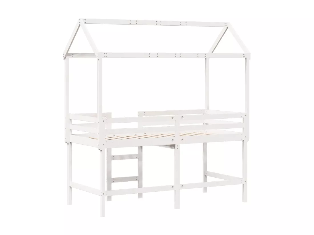 Lit superposé et échelle et toit blanc 90x200cm bois pin massif