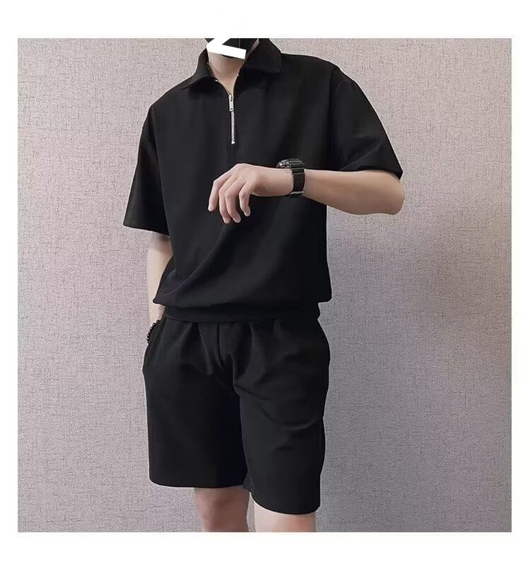 Dubbel Wit - Set: T-shirt met korte mouwen en kraag, effen + shorts met gemiddelde taille