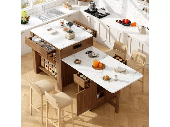 Table de bar extensible 110-124cm îlot cuisine 2 tiroirs 2 étagères prise courant plateau MDF blanc marbré marron
