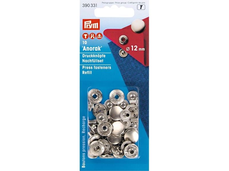 Prym Druckknöpfe Anorak Silber, 12 mm Nähfreie Druckknöpfe zum Nachfüllen
