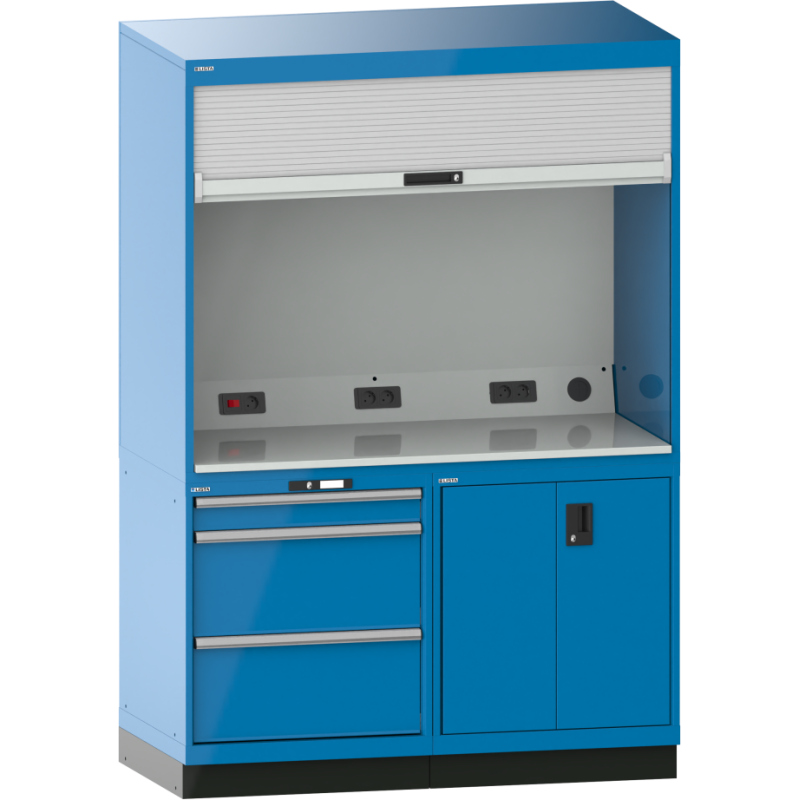 Quality Station Lista H 210 x L 143,4 x P 72,5  cm, 3 tiroirs, 2 portes, rideau gris, fermeture à clé