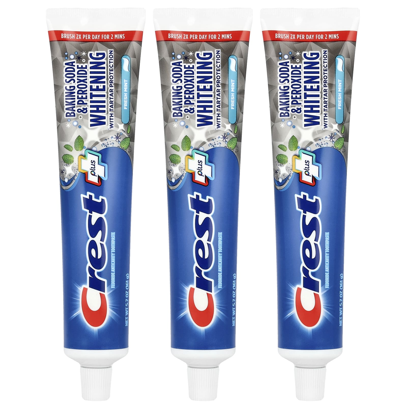 Crest, Plus, fluoride tandpasta tegen gaatjes, zuiveringszout en peroxide, frisse munt, 3-pack, 161 g per stuk