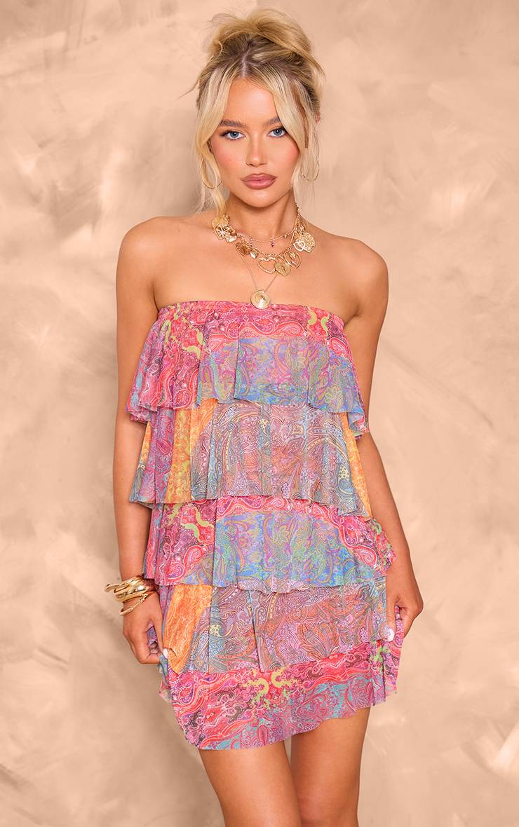 Multicolore Robe Mini Bandeau En Mesh À Volants Imprimé Patchwork
