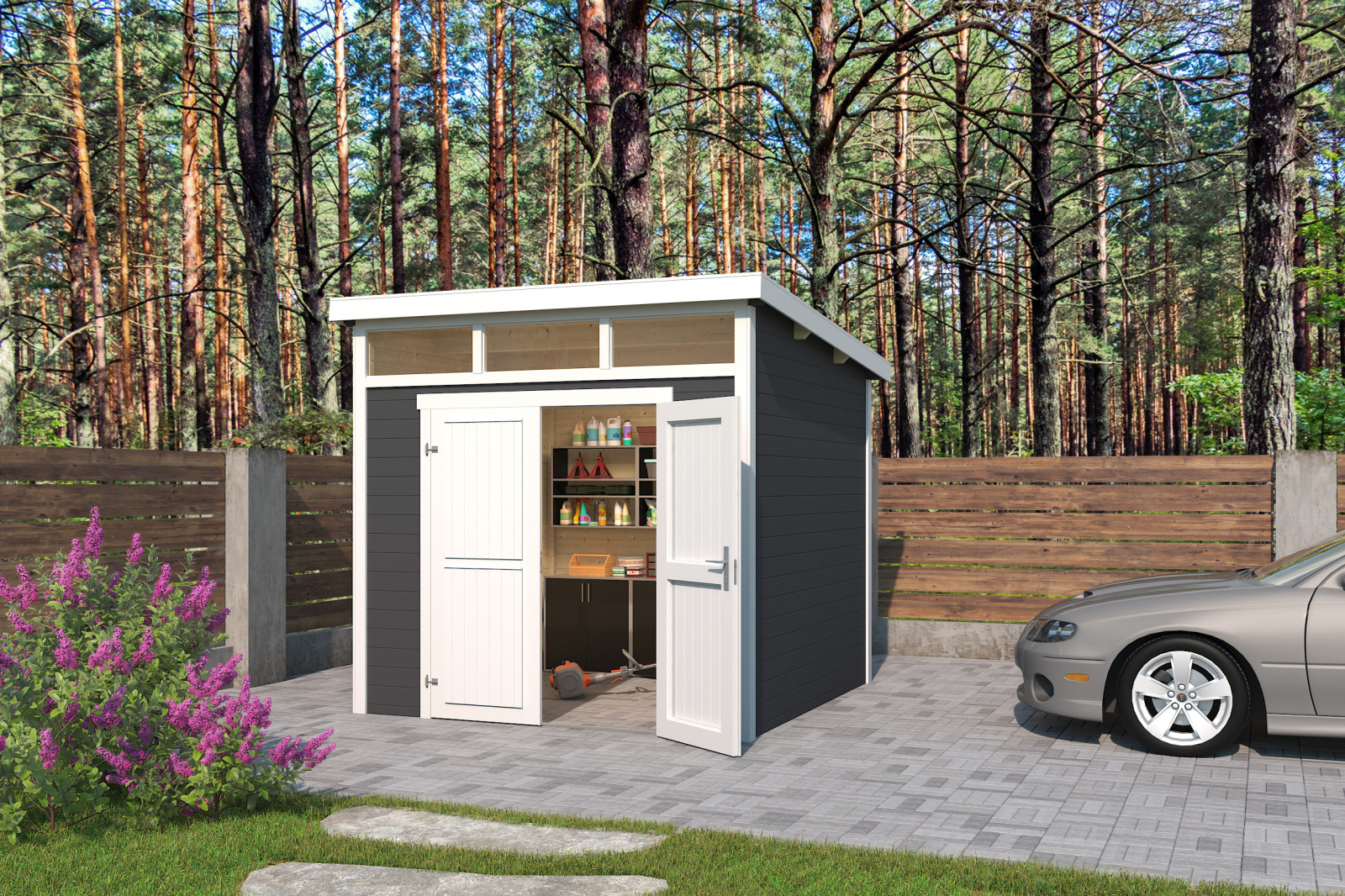Gartenhaus KIBO 3 - carbongrau - Fichte massiv - 250x250 cm