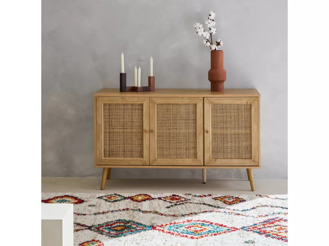Buffet de rangement en cannage 120x39x70cm - Bohème - 2 niveaux. 3 portes. pieds scandinaves. buffet bas