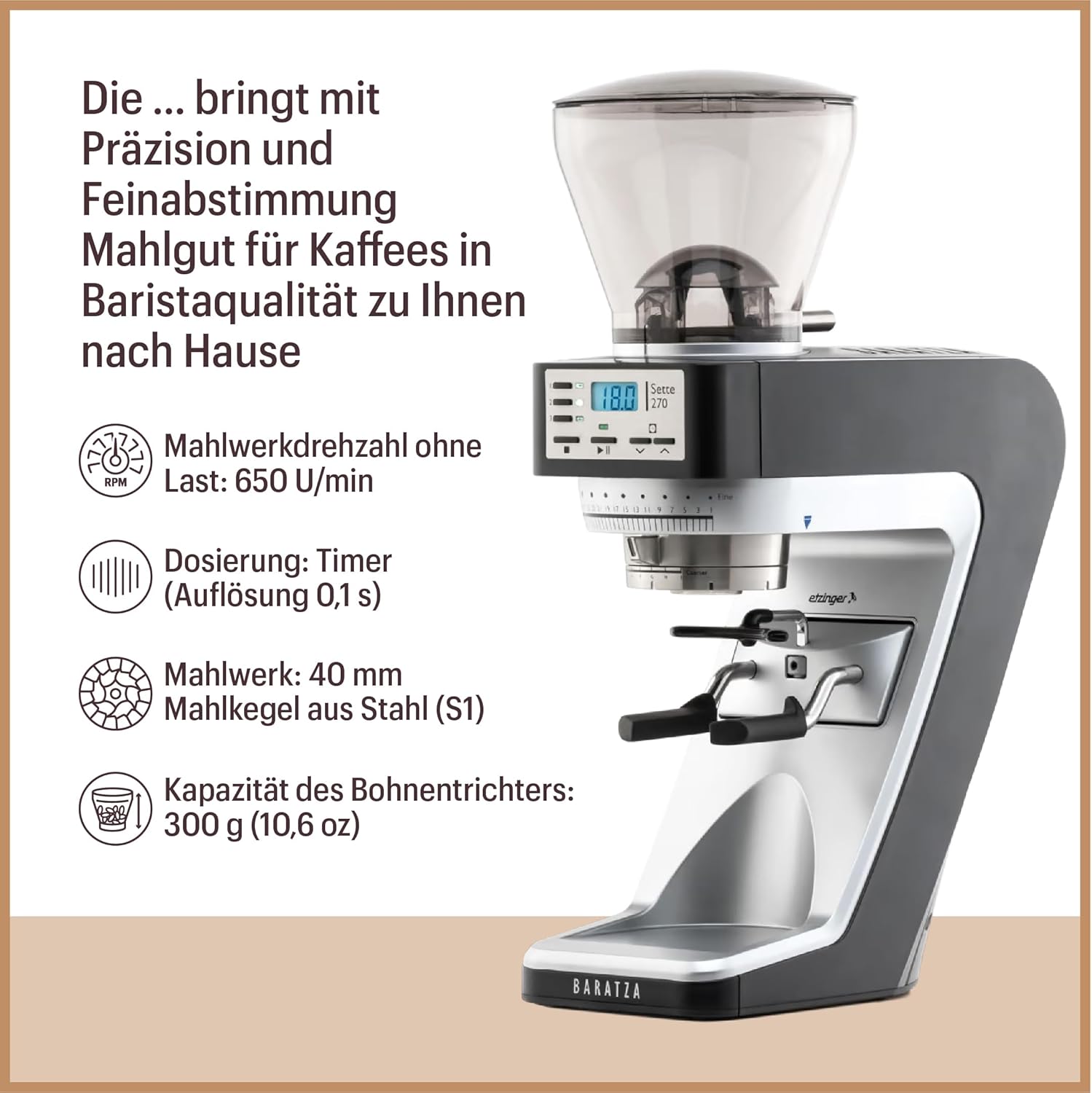 Baratza - Sette 270 230V Kaffeemühle - Elektrische Kaffeemühle mit Mahlwerk und Timer - Für Siebträger - Individuelle Einstellungen, Einfach zu Reinigen - Schwarz