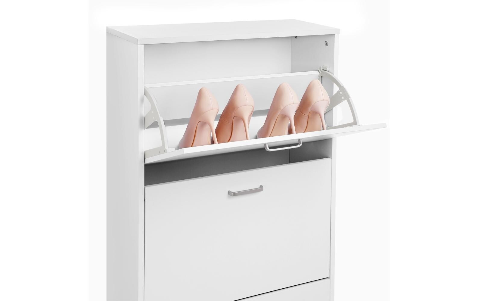 Schuhschrank mit 3 Klappen aus Spanplatte, Weiss<br>Schuhschrank mit verstellbaren Trennwänden