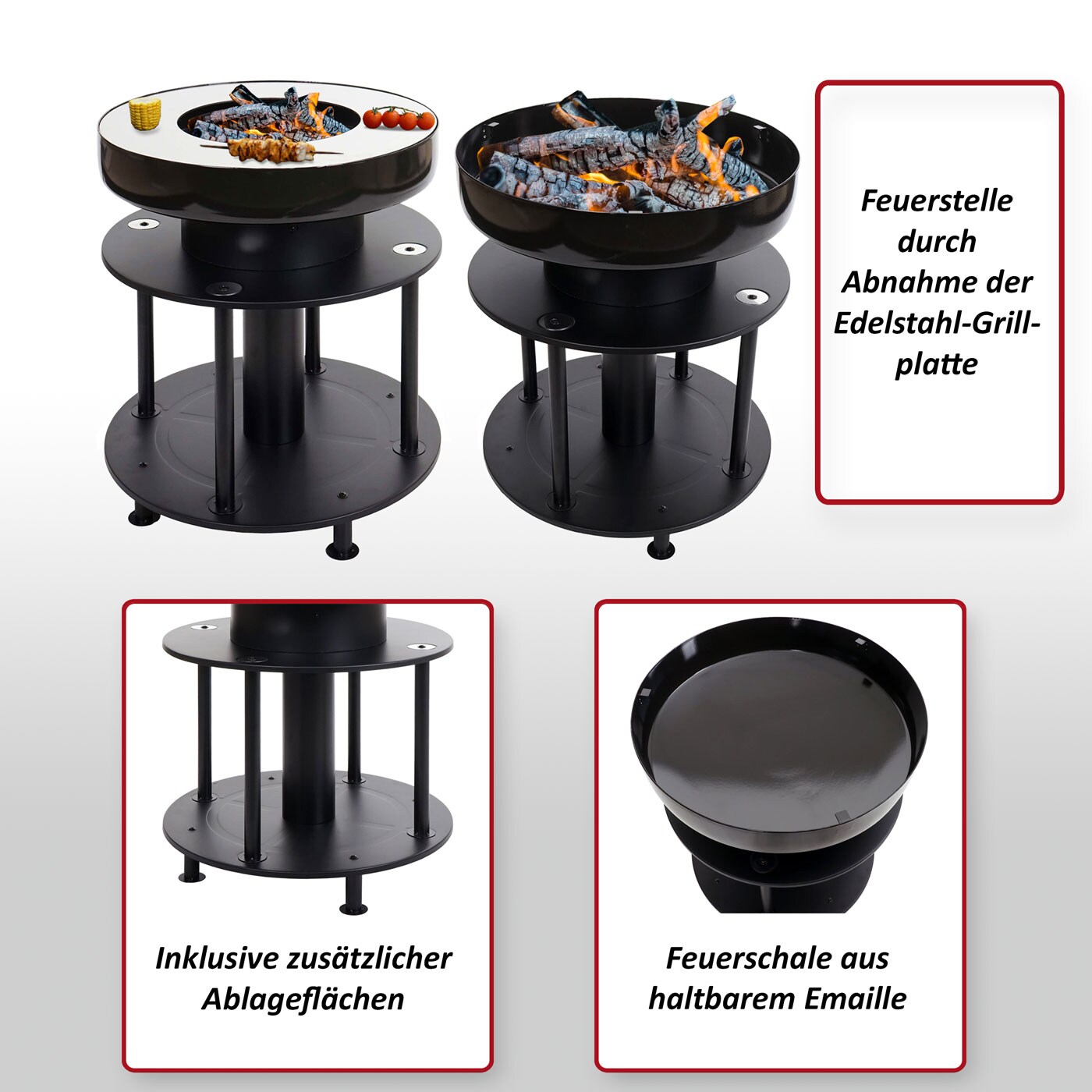 Feuerschale mit Grill MCW-K95, Feuerstelle Grill BBQ, Grillplatte Ablagefläche, Stahl Edelstahl Emaille Ø 56cm schwarz