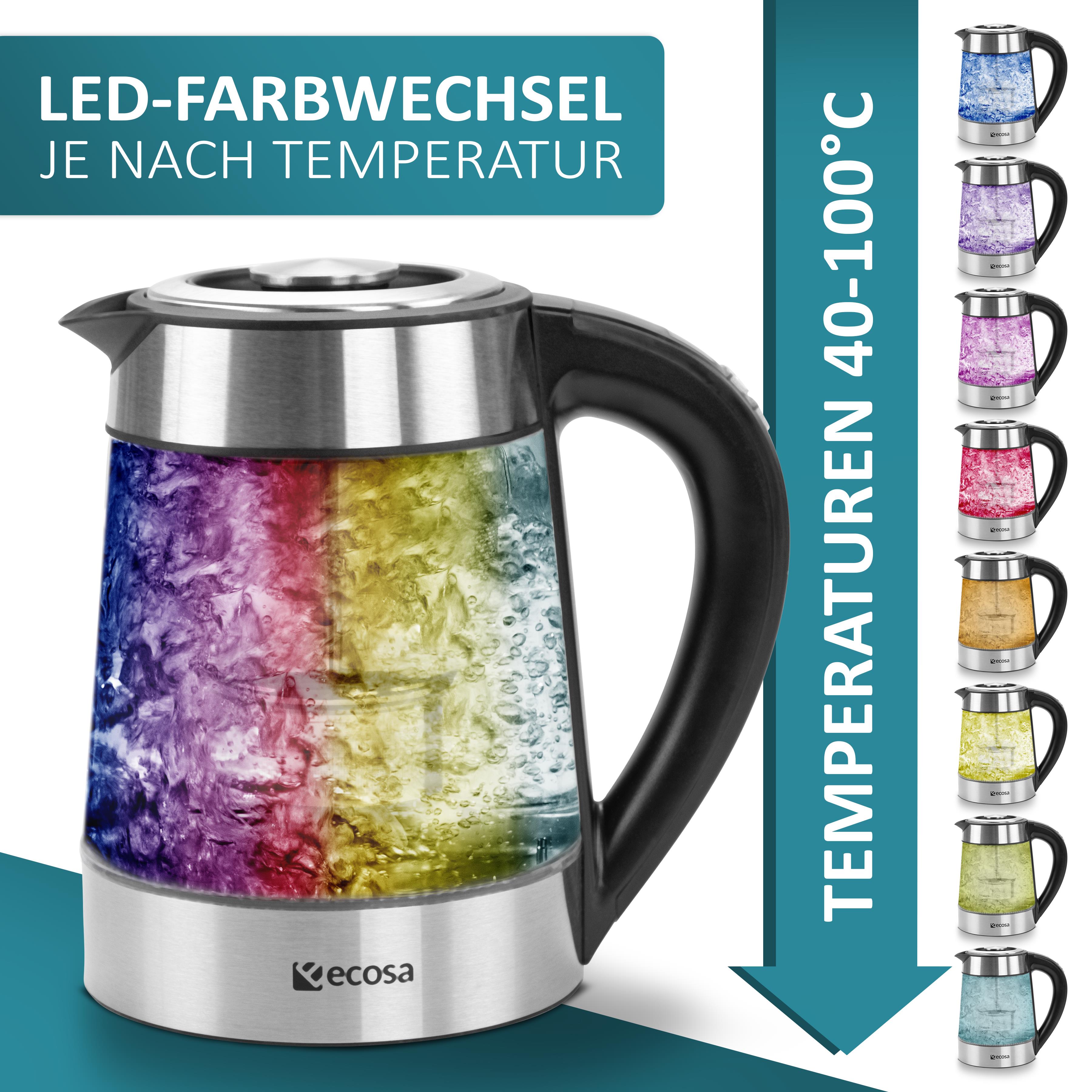 Ecosa Glas Wasserkocher m. Temperatureinstellung Teefilter LED 1.7L