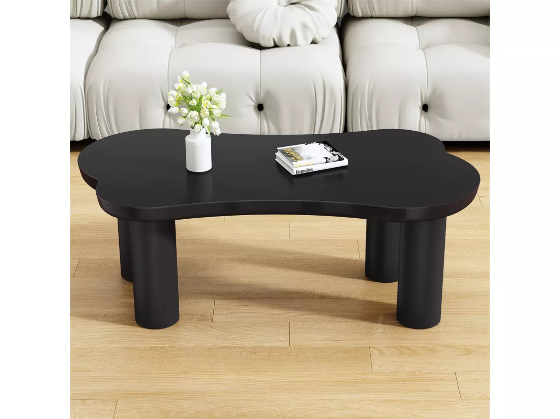 Table basse irrégulière en forme d'os, plateau en MDF et pieds en PVC, table basse unique avec sous-couches en feutre, dimensions : 113 cm de longueur, 58 cm de largeur, 40,5 cm de hauteur