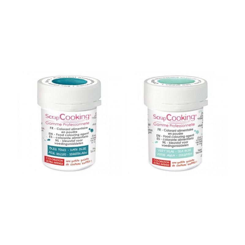 2 colorants alimentaires en poudre - bleu foncé-vert d'eau Scrapcookin