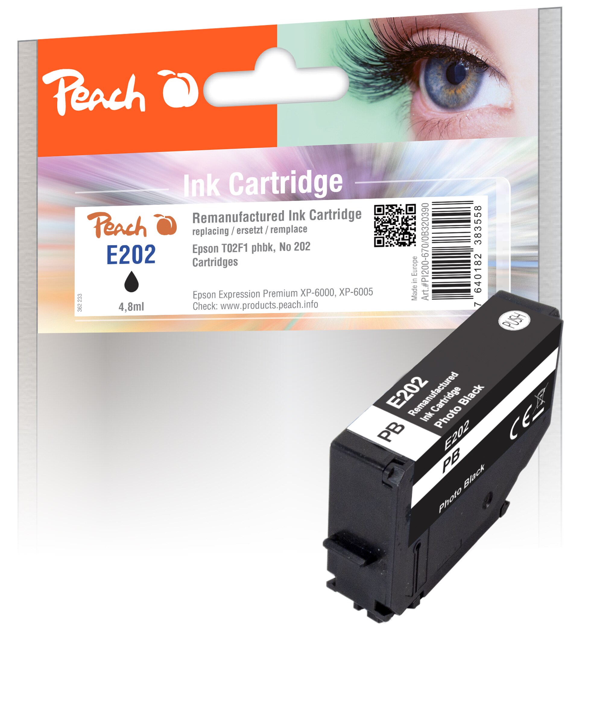 Peach E2F1 Druckerpatrone bkph ersetzt Epson T02F1, No. 202 phbk, C13T02F14010 für z.B. Epson Expression Premium XP -6000 (wiederaufbereitet)
