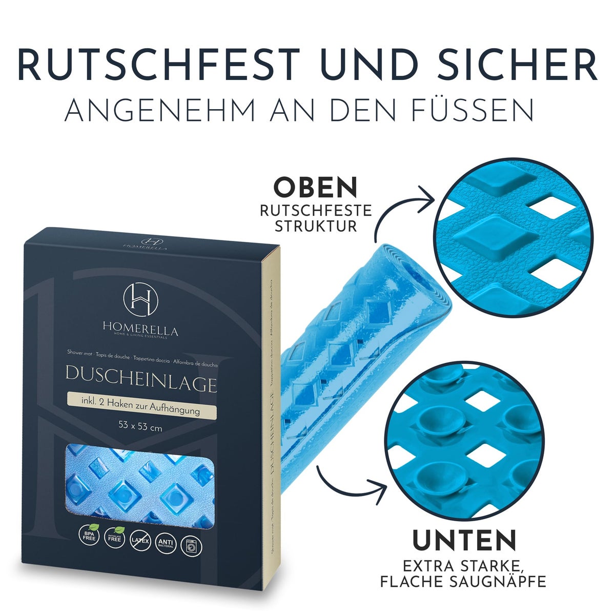 Homerella® Antislip Douchemat - 100% BPA-vrij - Inclusief 2 ophanghaken 53x53cm - Antislip douchemat, huidgevoelig en schimmelwerend - Machinewasbare douchemat