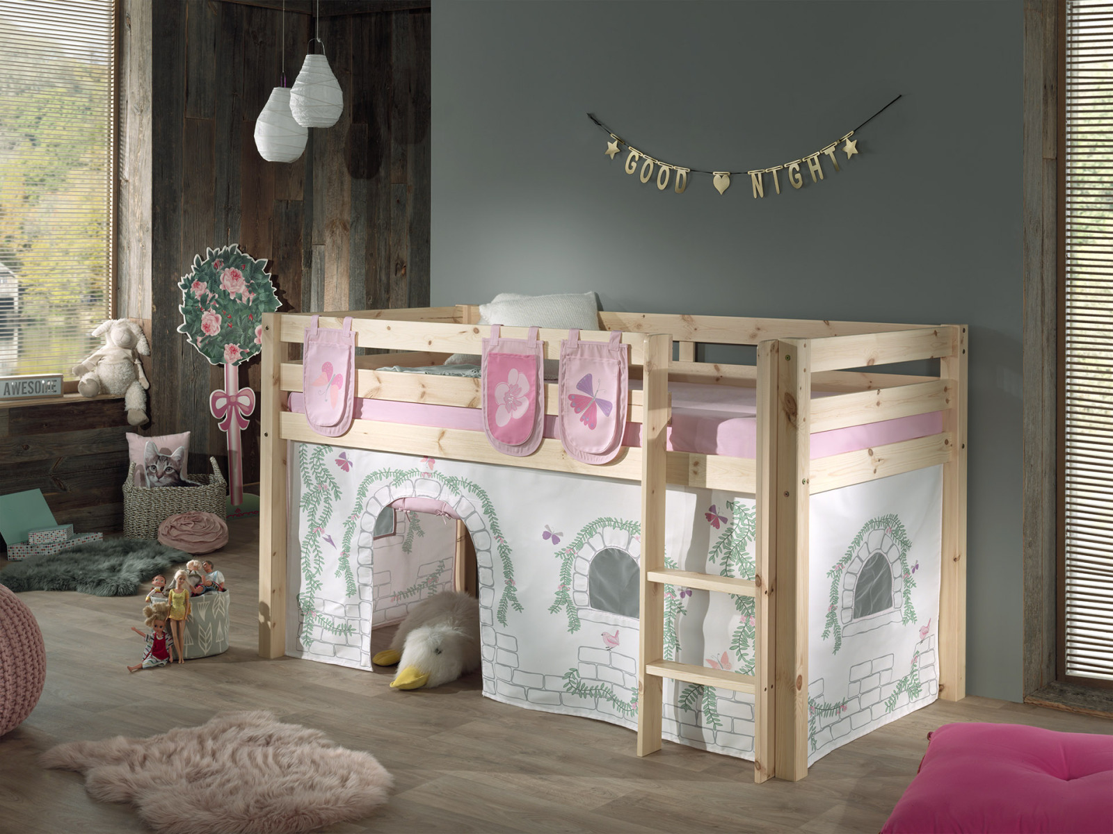 Spielbett PINO mit Vorhang BIRDY - natur - 3 Taschen - 90x200 cm
