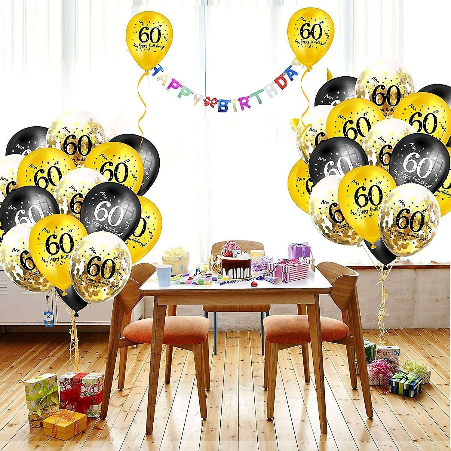(15er Set) Ø30cm Party Deko Ballons Latex Luftballons 60 Happy Birthday mit Konfetti - Schwarz / Gold / Transparent