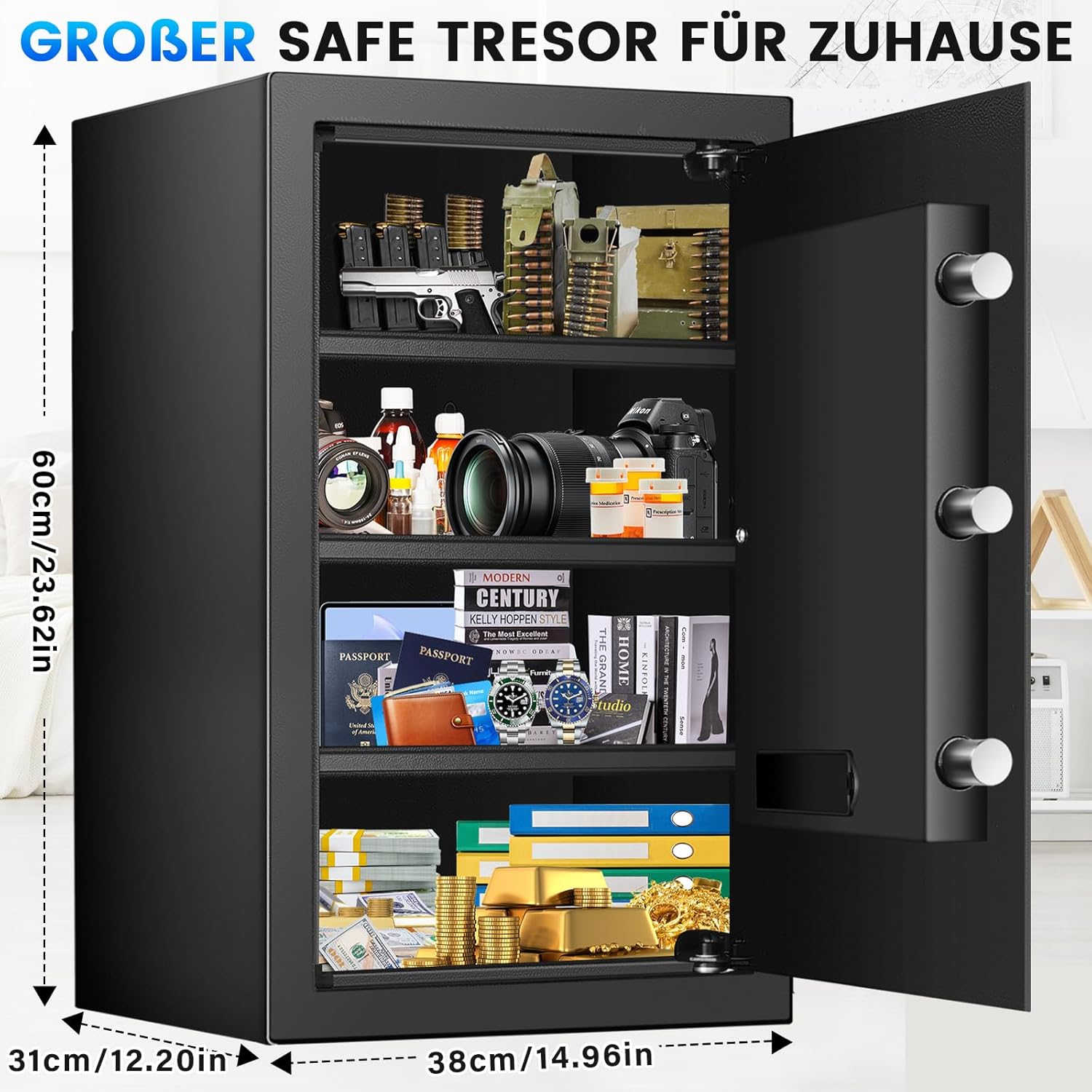 80L Extra Großer Safe Tresor für Zuhause, Feuerfester Tresor mit Schlüssel, Abnehmbares Regal und Stummschaltfunktion, Anti-Theft Tresore für Geld, Dokument, Medizin and Wertgegenstände