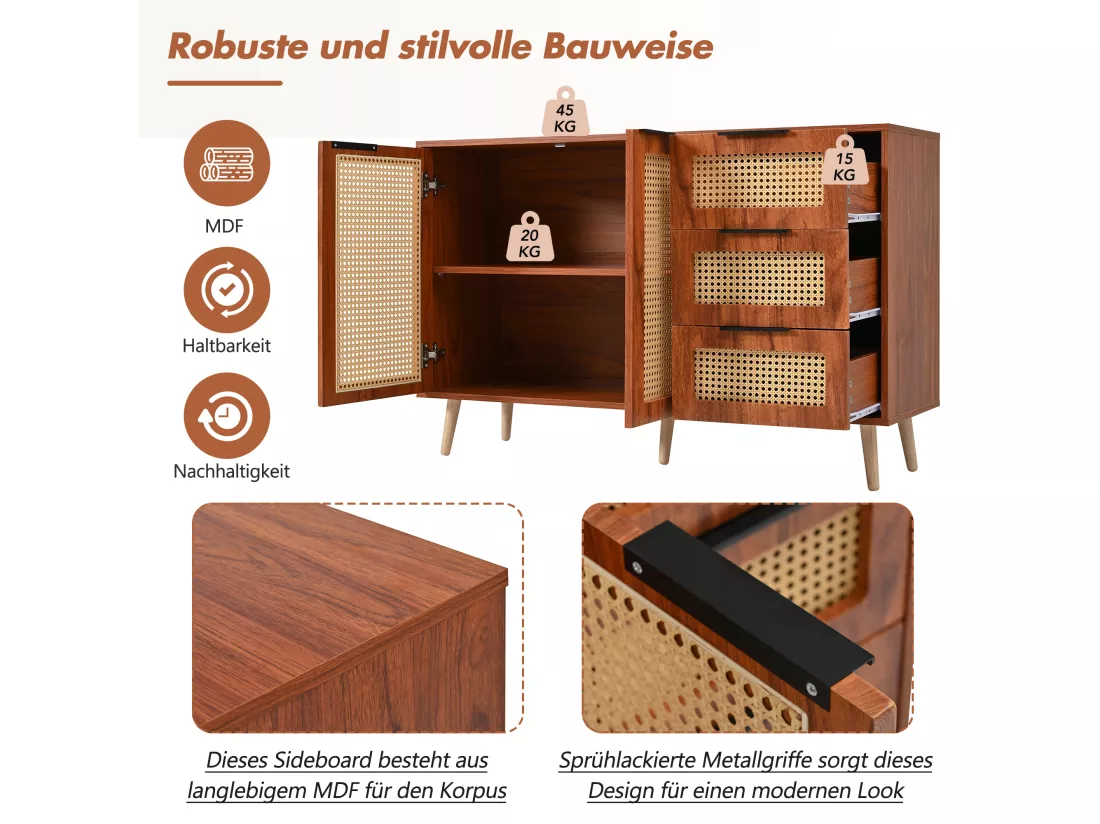 Buffet vintage en rotin avec 2 portes et 3 tiroir - 120 x 38 x 78 cm - MDF - pour cuisine et salon - Noyer