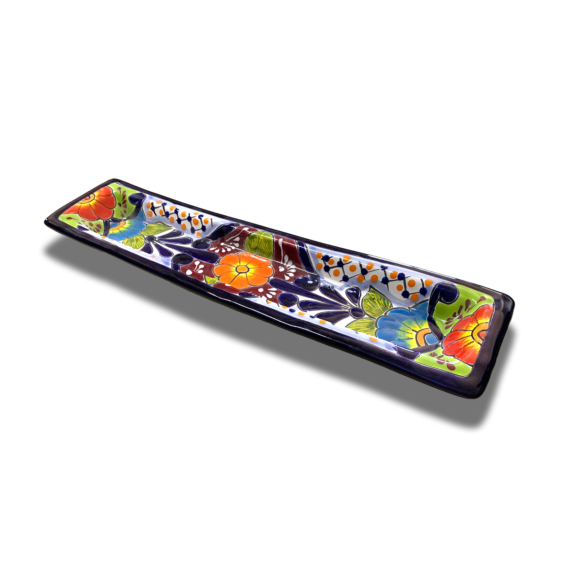 Flache Keramik-Schale 'Blumen', handbemalt, L 44 cm, B 11 cm, H 3 cm von fischer's lagerhaus