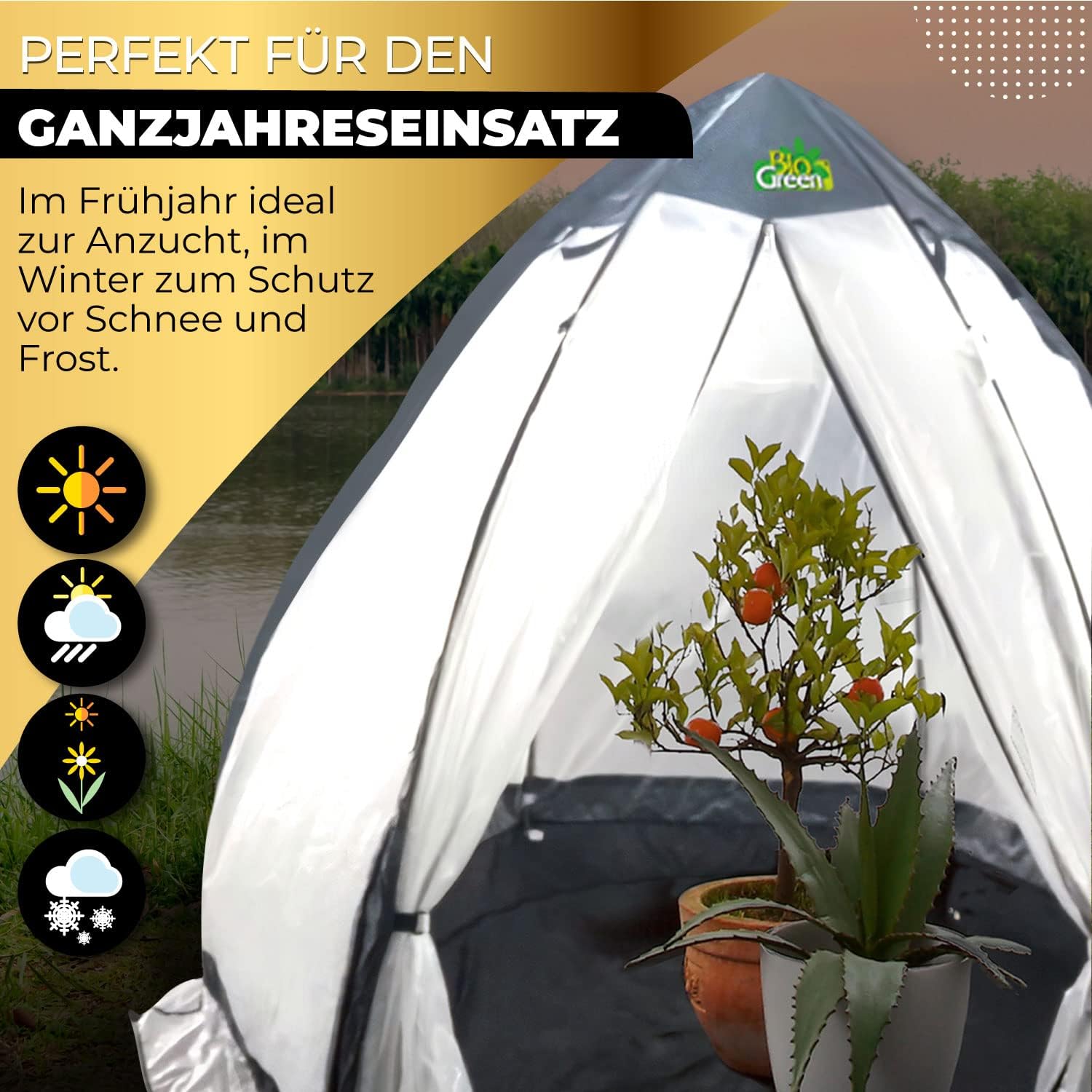 Bio Green Überwinterungszelt/Foliengewächshaus Tropical Island Breeze L | hochwertige RainExo-Folie | 2 große Belüftungsöffnungen | H 200 x Ø 240 cm