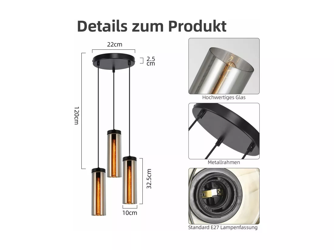 Lampe à Suspension Pour Table à Manger En Verre Noir Mat Rétro 3 Flammes E27
